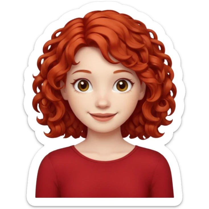 girl with shoulder length curly apple red hair with brown eyes and pale skin smiling sticker