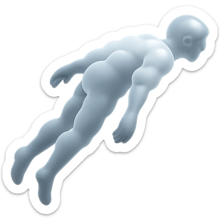 side view of unconscious person flying upwards by torso, legs and arms downwards, made of small very bright white fluffy convex clouds, matte glass style sticker