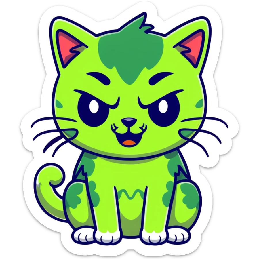 cat zombie emoji, green fur, stitches, cartoonish style sticker