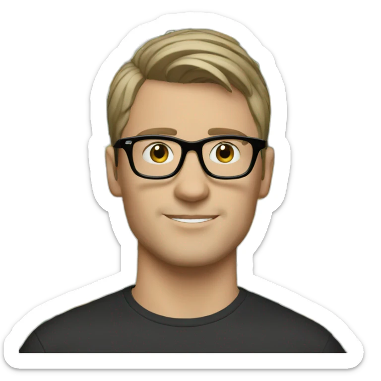 white brunette guy short hair with glasses and dark t-shirt with flowers print sticker