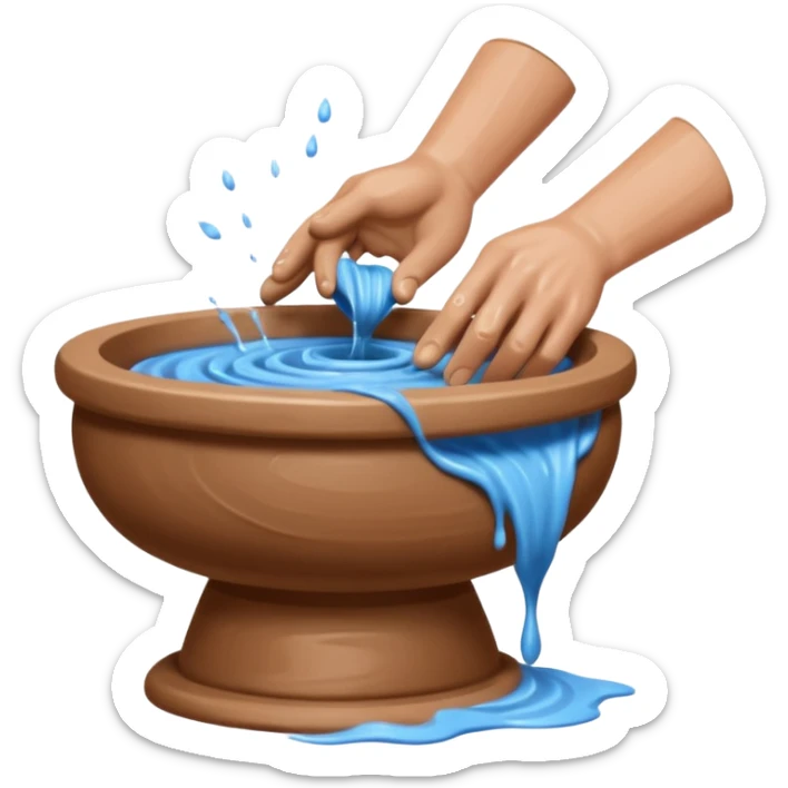 Realistic image of a potter's wheel in action, shaping wet clay into graceful shapes, water splashing gently sticker