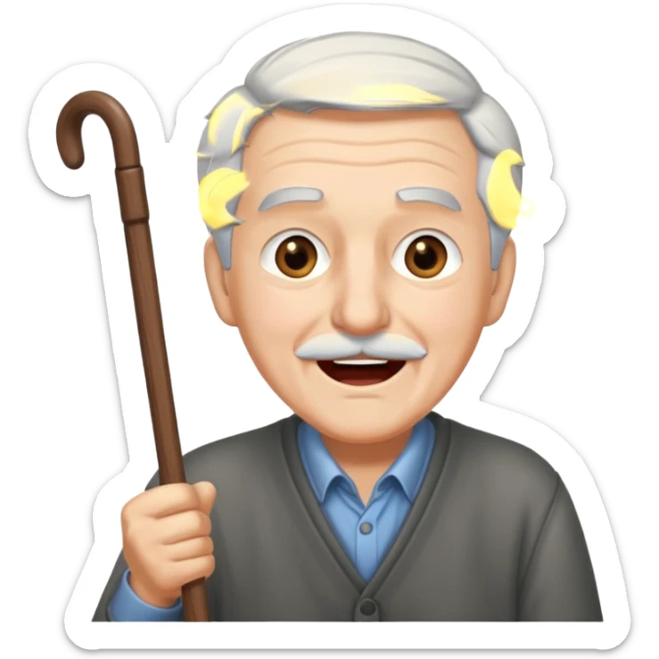 A grey-hair grandpa fan with cane in hand, cheer loudly with youthful spirit. sticker