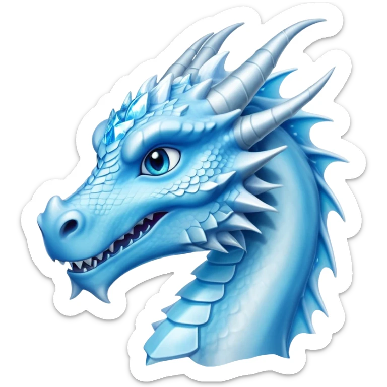 Cinematic Noble elegant Ice Dragon Portrait Emoji, Poised and imposing, distinct long elegant snout, with a slender, scaled body shimmering in glacial hues of icy blue, frostbitten silver, and crystalline white, breathing out frost, with piercing, glowing blue eyes that radiate the chilling depths of an arctic storm; rendered in detail. sticker