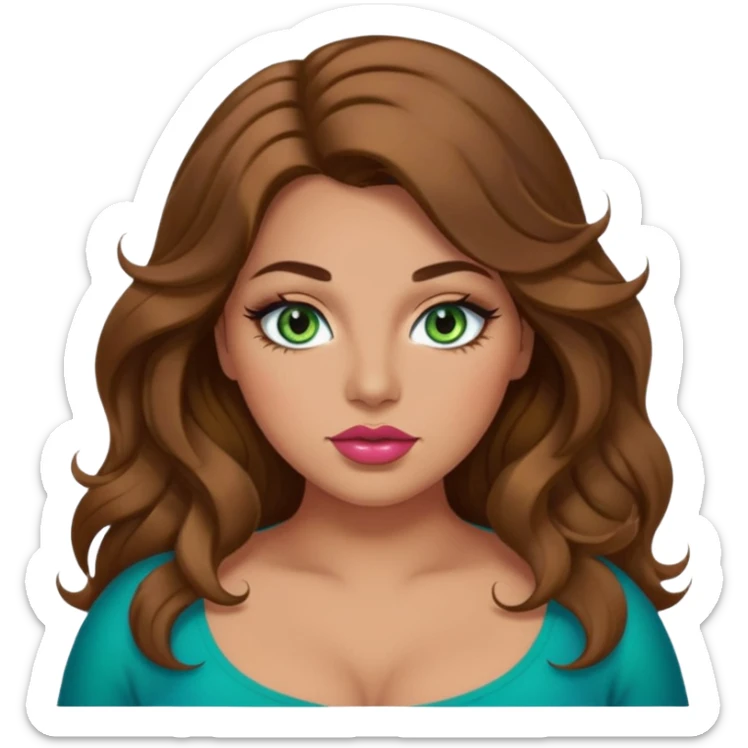 Girl girl long wavy brown hair, green/blue/gold eyes, plus size, thick eyelashes, tan skin, rose lips sticker