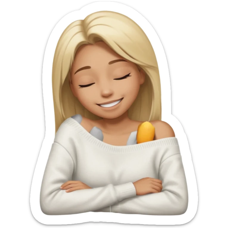 Mujer color de piel moreno claro, con cabello rubio largo, lacio y suelto, ojos negros, usando un suéter off shoulders blanco, sonriendo sin enseñar los dientes durmiendo  sticker