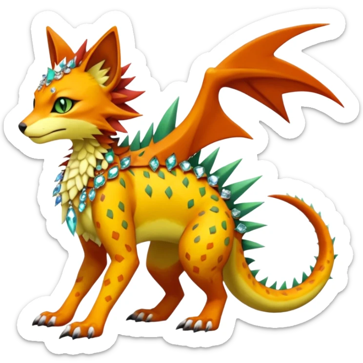 Kawaii cute reddish orangish yellowish greenish exotic tropical beautiful pretty elegant divine edgy feline-vernid-sergal-Fakémon-Pokémon-Digimon-fursona-animal-creature with accessories, jewelries, full body, with intricate detailed markings, spikes, crystals, fins, scales, spiny sticker