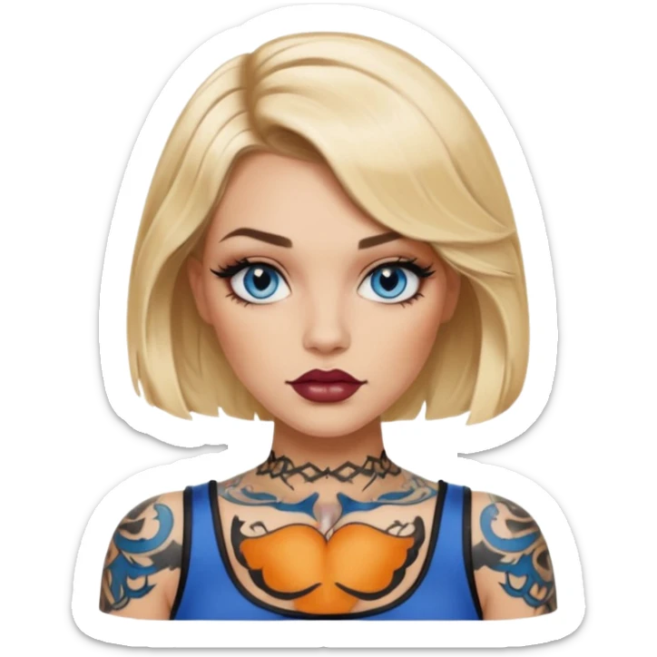 Edgy Woman, Blonde hair wavy Medium blunt bob, blue eyes, makeup Smokey lid with doe lashes, fuller glossy lips, tattoo on arms, wearing black sticker