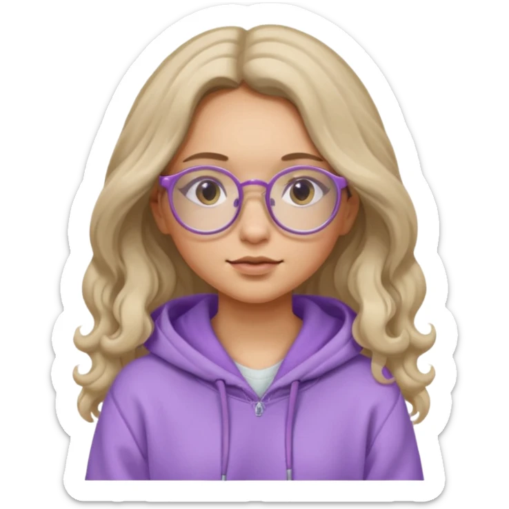 Chica de pelo largo y ondulado, con gafas redondas y expresión suave; viste una sudadera lila y transmite un estilo tranquilo y relajado. sticker
