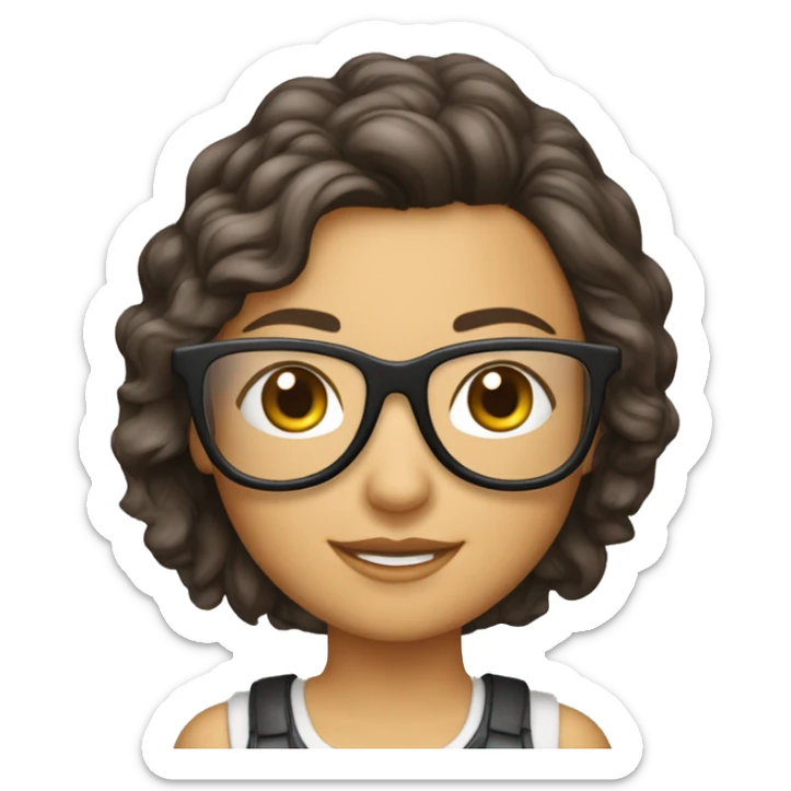 Una chica blanca, de cabello corto hasta los hombros  marrón, lentes de aviador, con una computadora  sticker