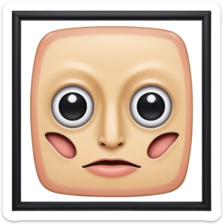 A flat piece of skin stretched on a square frame with two eyes and a mouth but no nose sticker