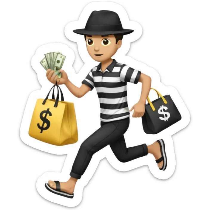 Make a man wear a black pant and he shirt is balck line and white line and wear a black hat and he holding a money bag and he running he wear a black eye thing no money in the Left hand and he yellow and the money bag in the right he wear a flip flop like this is Money bag 💰 NO MONEY sticker