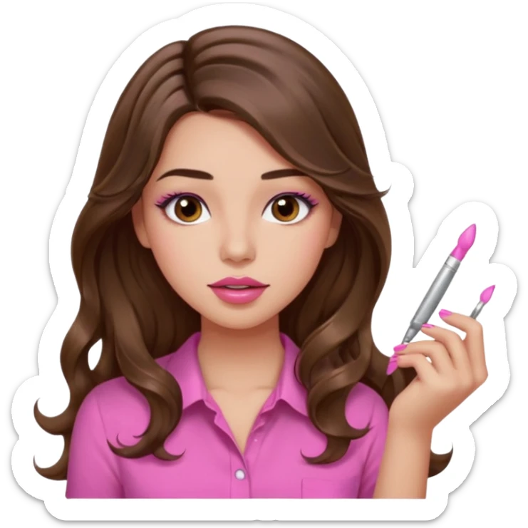 girl with long wavy brown hair, brown eyes, light to medium complexion, in a pink shirt, pink lips, long lashes, puckered lips, showing off painting long nails sticker