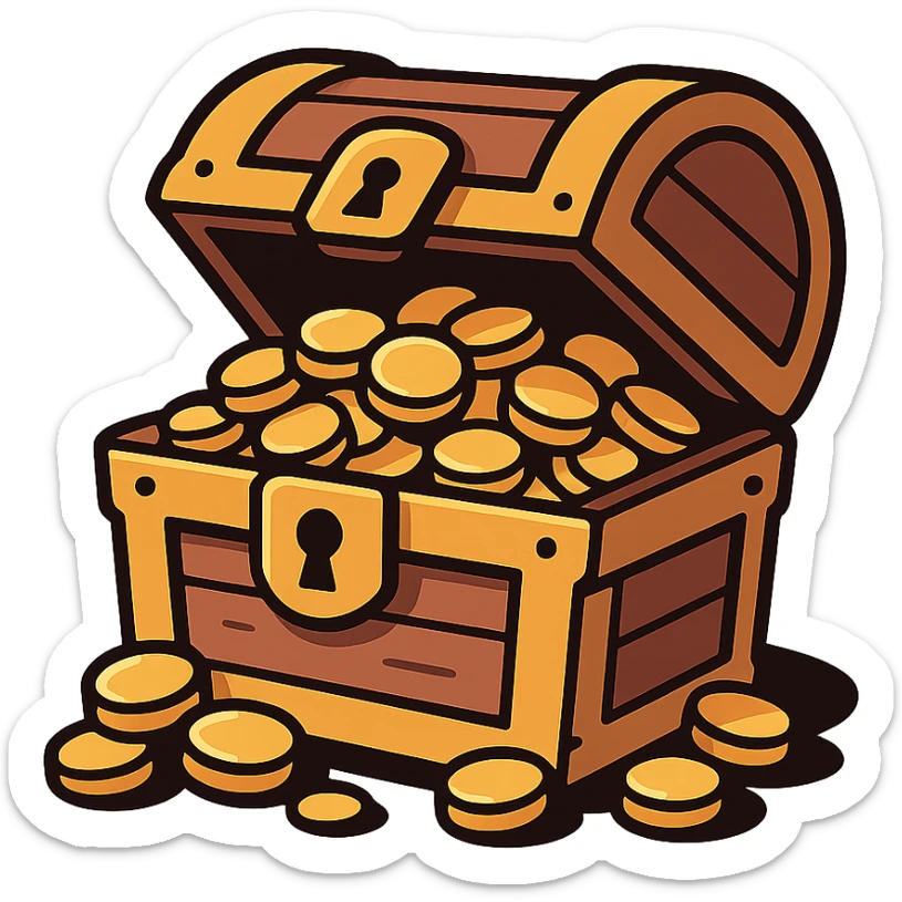 flat design style game icon of a treasure chest with gold coins spilling out, clean lines, vibrant colors, modern look sticker