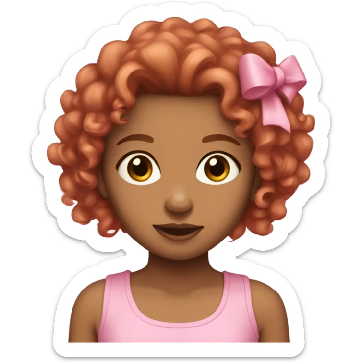 girl with light brown skin, curly red hair and brown eyes wearing a cute pink top with a bow in her hair sticker