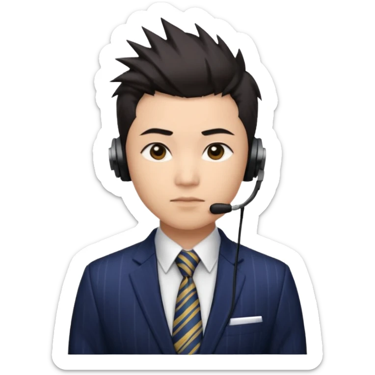 30 years old full kind of chubby face, very asian, short dark hair styled upward with a spiked swoop in front, a clean-shaven face, focused eyes, and a slim headset over one ear, wearing a dark pinstripe suit with a patterned dress shirt and a bright solid-colored tie visible from the chest up. sticker