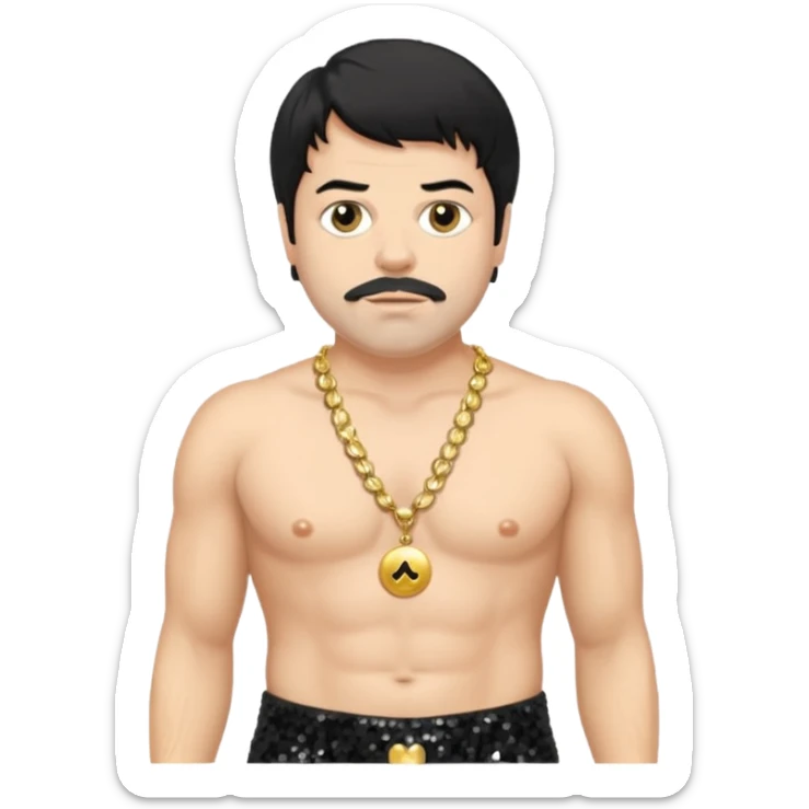 Oliver Reed with black hair, black sequin baggy pants, shirtless with necklace sticker
