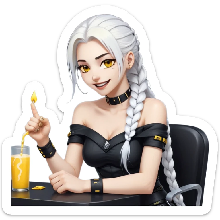 she is laughing the hardest and pounding her fist on the table, a closeup portrait of young woman with gold yellow eyes, white hair, long braid, black off-shoulder top, punk gothic style, futuristic cyberwave cyberpunk, sitting position
 sticker