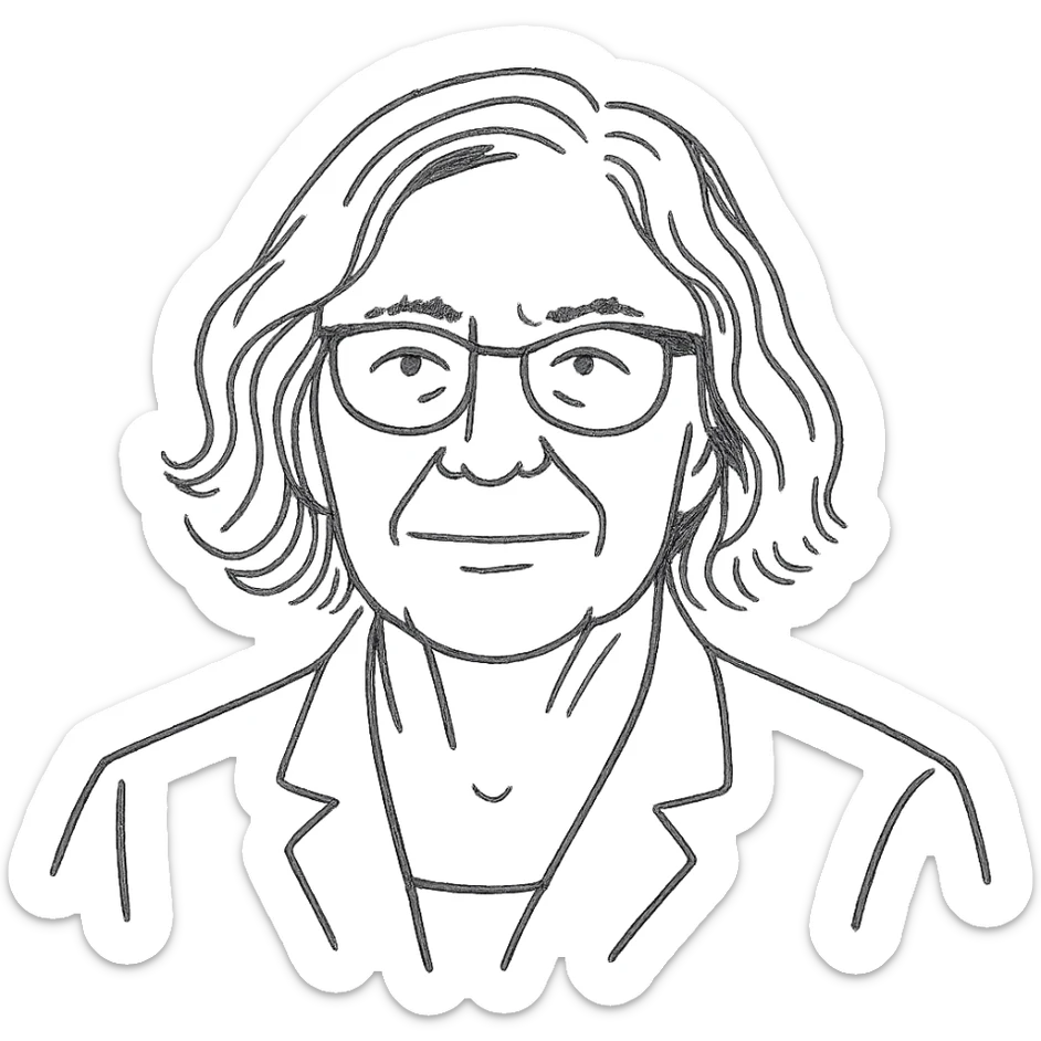 a hand drawn black outline portrait of philosopher Catherine Larrère based a famous portrait of her sticker