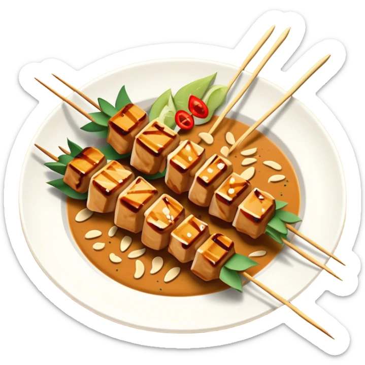Cinematic Realistic Indonesian Chicken Satay Dish Emoji, depicted as succulent, marinated chicken skewers grilled to perfection with a subtle char, drizzled generously with a rich, creamy peanut sauce that glistens under warm, natural lighting. The vibrant textures of the tender meat and smooth, spicy sauce evoke the authentic flavors of Indonesian street food, rendered with lifelike detail and dynamic, appetizing lighting. sticker