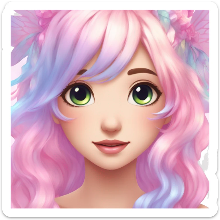 Gorgeous Beautiful Blushing Petite Colorful-Shiny-Pastel-Fairy-Soarkle-Anime-Lady with beautiful gradient pastel hair aesthetic sticker