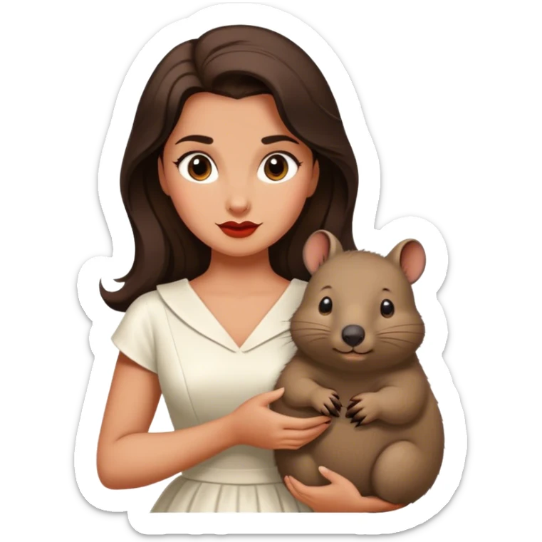 Beautiful woman in 1950’s woman fashion look, white dress, long dark brown hair, wombat sticker