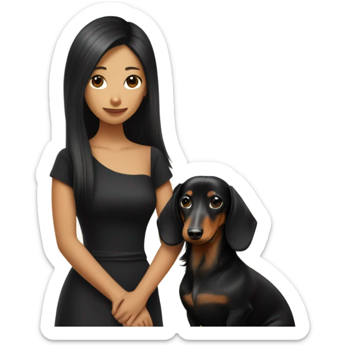 Long-haired dachshund with black-haired Asian girl wearing black dress sticker