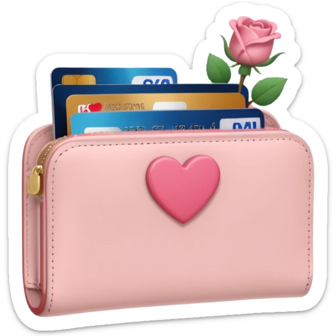 Pale Pink cute Wallet with heart charm, credit cards inside and roses growing from it, clean aesthetic sticker