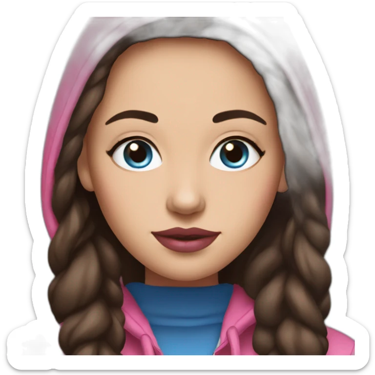 Women with long dark brown hair and blue eyes with pink cheeks and pink lips and thick dark brown eyebrows wearing a hoody sticker