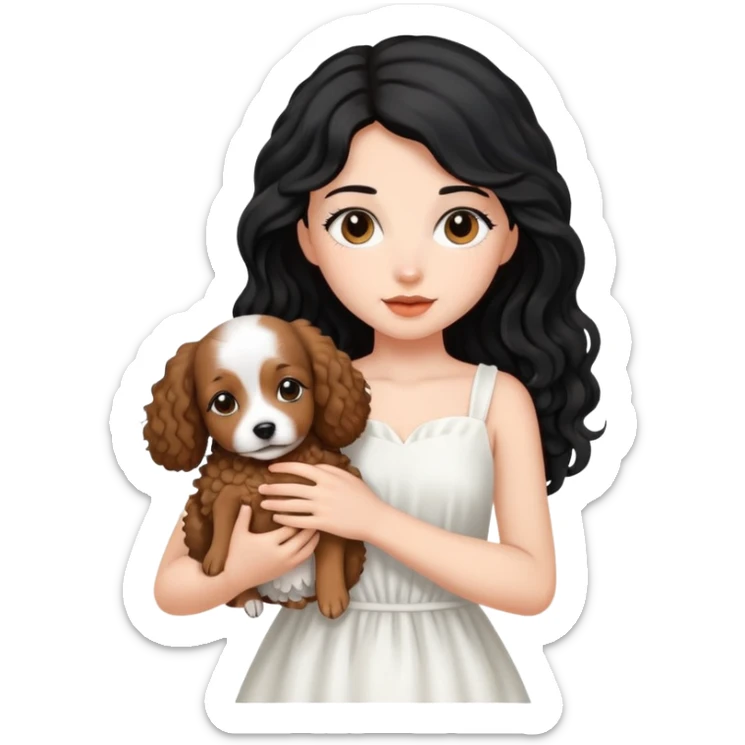 beautiful girl with long black hair in a white dress holding a small brown curly-haired dog sticker