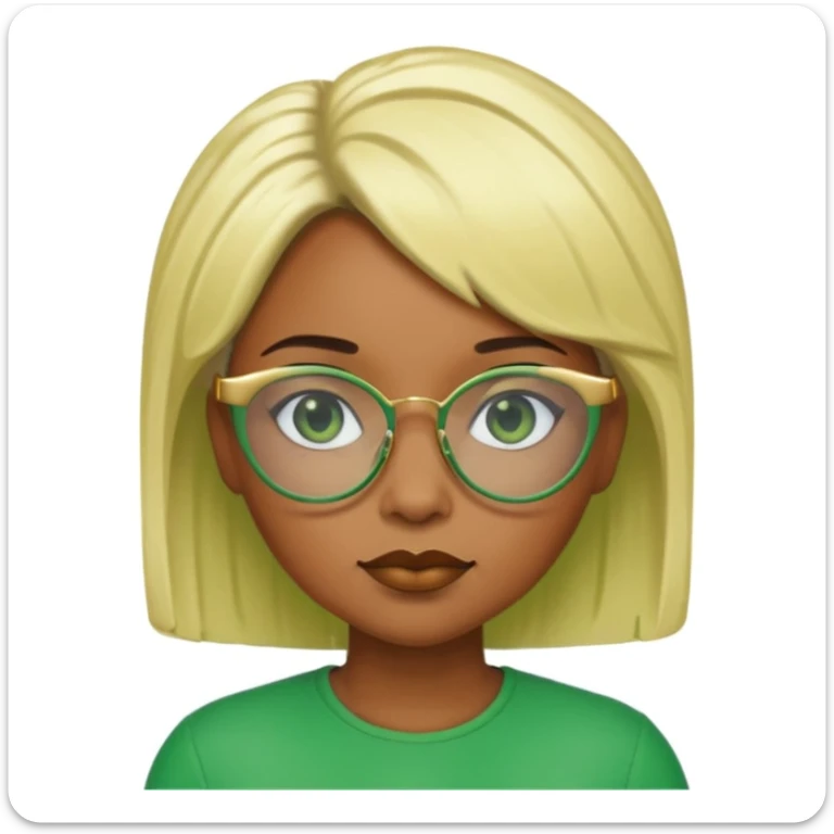 Caramel skin black woman 52 with green glasses that have gold edges and very blonde hair that’s very short but still puffy and small sticker