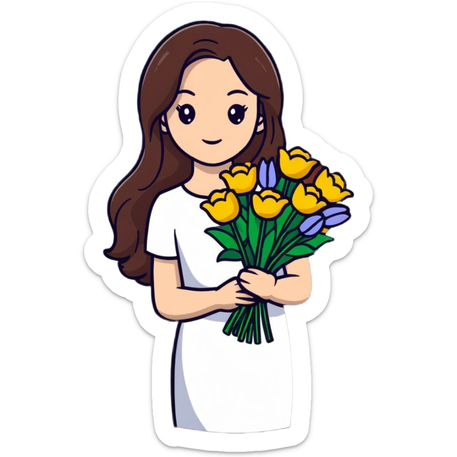 cool girl with long brown hair and fair skin holding a bouquet of flowers, stylish sticker