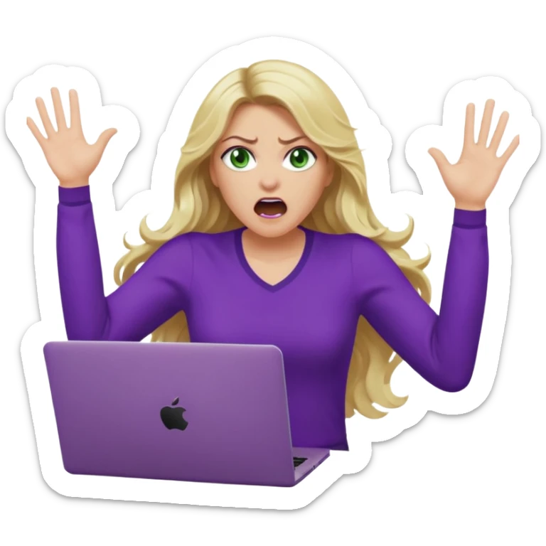 lady with long wavy blonde hair, purple top, green eyes, throwing her with a purple mac laptop hands in the air screaming, looking angry sticker