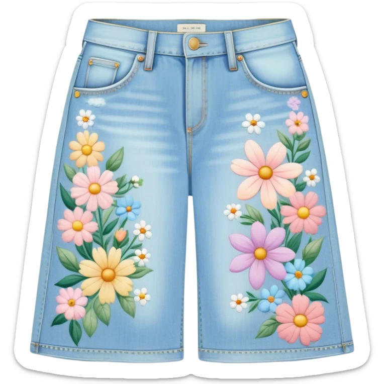 light wash denim wide leg jeans with pastel flowers painted on them sticker