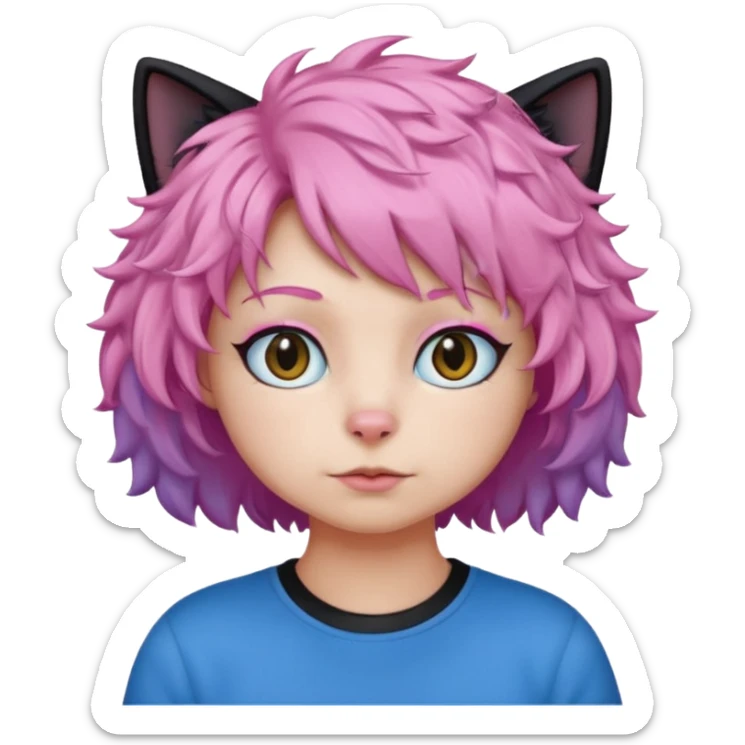 a Black cat wearing a short curly pink hair wig, blue T-shirt sticker