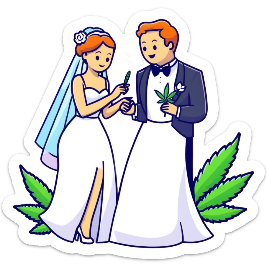 Bride in white dress and groom in tuxedo sharing a cannabis joint, cheerful cartoon wedding couple with festive colorful background sticker