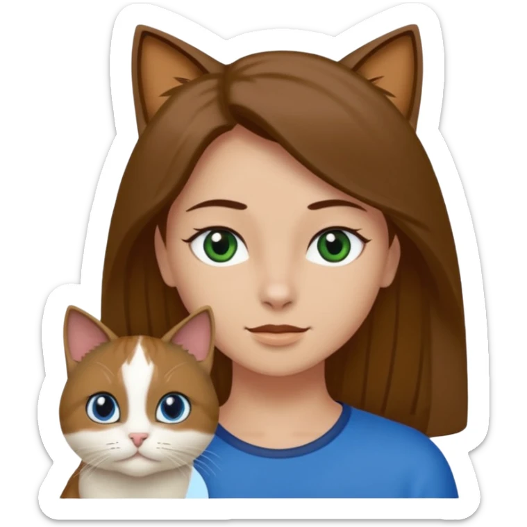 Crea un emoji donde salga un chico de pelo moreno con los ojos claros, una chica de pelo morena con los ojos marrones y UN gato europeo comun de pelaje oscuro y ojos verde claro, quiero que se esten abrazando el chico y la chica, y el gato este en el medio de los dos sticker