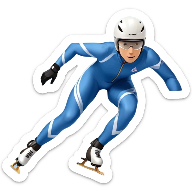 An icon showing a grand arena, snow-covered mountains in the distance, and a crisp blue sky. professional speed skater leaning into a turn on a polished ice track, dressed in a sleek suit and helmet. Transparent background highlights speed and precision. sticker