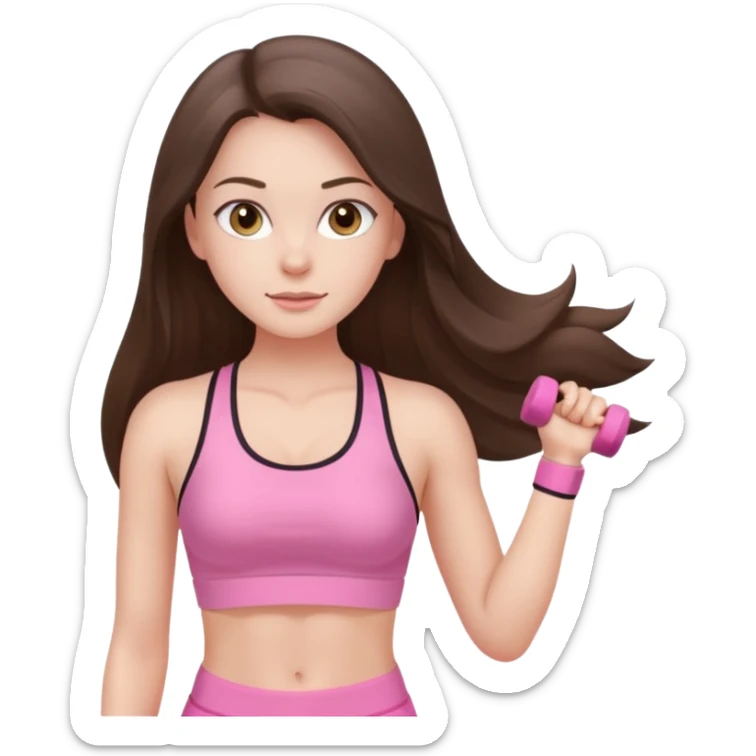 white brunette girl long hair with hazel eyes in light pink workout with small waist sticker