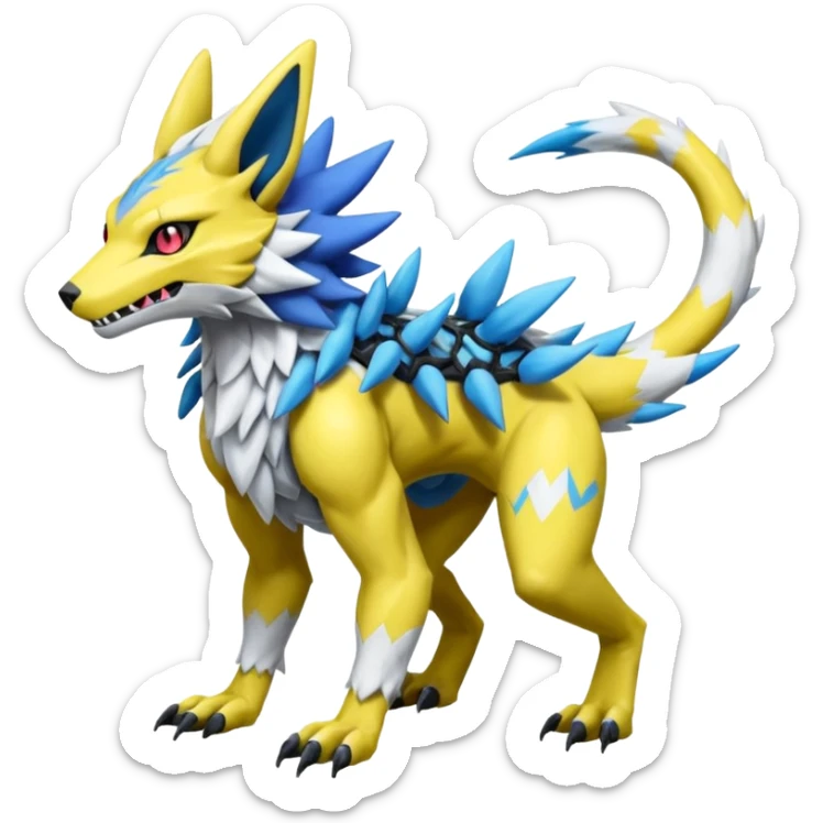 Sergal-Protogen-Trico-Renamon-Lombax-Zeraora-Vernid-fusion-hybrid-creature, drawn in a Pokémon/Digimon style sticker
