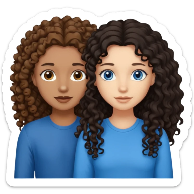 Two best friends .bestie 1: beige skin with brown long hair and blue eye. Bestie 2:mixed race skin with curly black hair and brown eye sticker