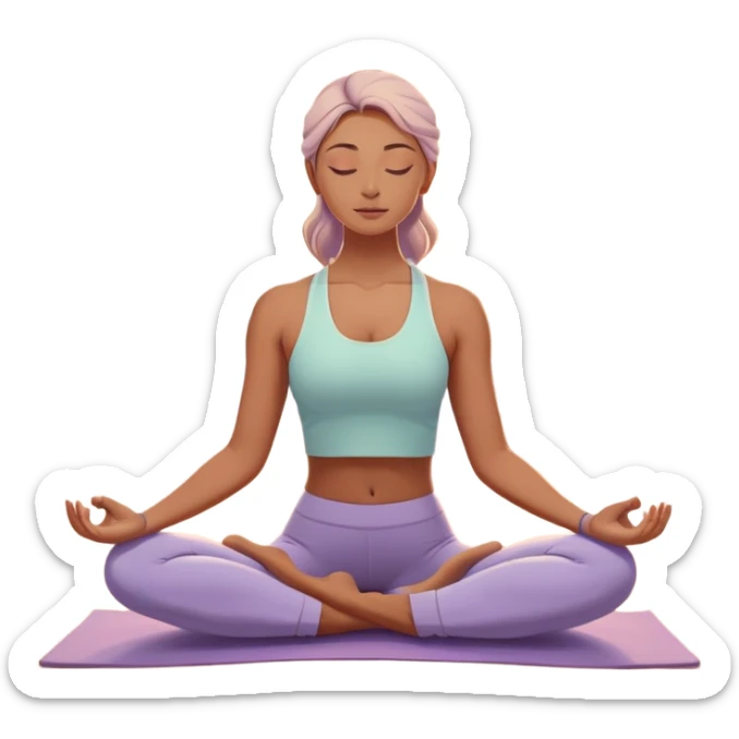 A peaceful person practicing yoga on a calm beach at sunrise, in a serene meditative pose. Soft pastel colors surround the scene, with gentle waves in the background and smooth, flowing lines representing balance and tranquility. The atmosphere feels centered and mindful. sticker