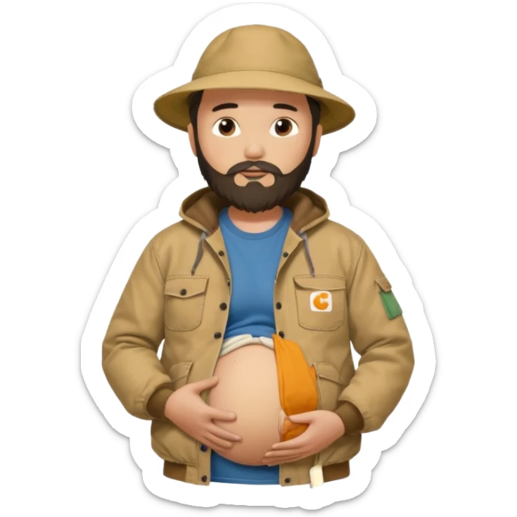Bearded man rubbing pregnant belly poking out of shirt wearing a tan canvas carhartt jacket with  chinese hat on sticker