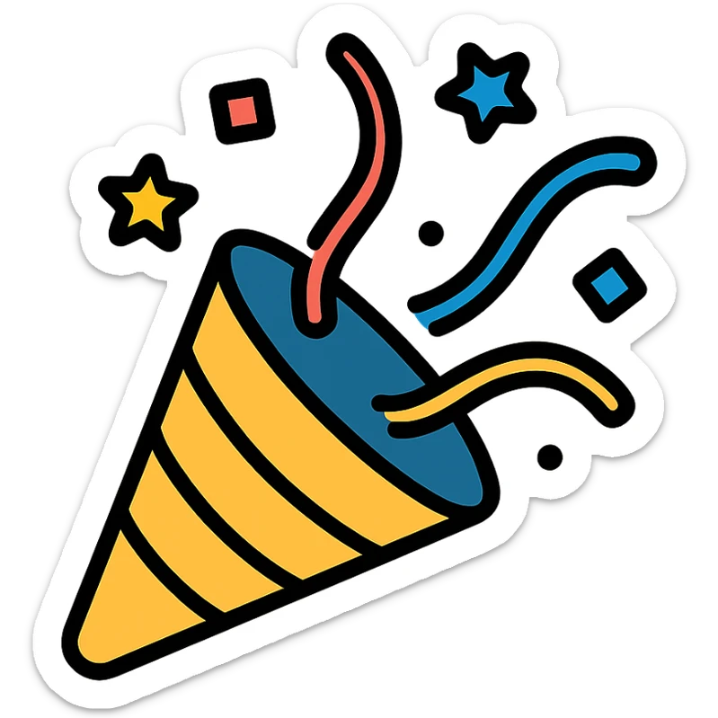 party popper with confetti icon in lineal color with black outlines sticker