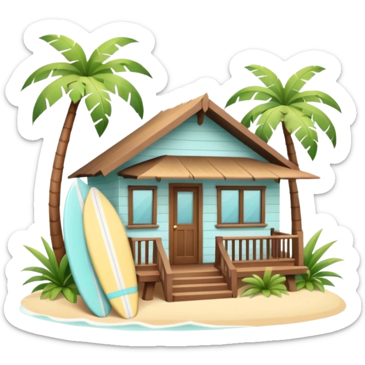 Hawaiian bungalow house, pastel colors, wooden porch, surfboard leaning on wall, palm leaves, tropical vibe, cute mobile game icon style, 3D cartoon, clean background, no text
 sticker