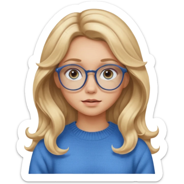 blonde girl with long dark blonde wavy hair, blue big eyes, pantos-style glasses, a brown sweater, sitting and looking in laptop, soft pastel, upper body shot sticker