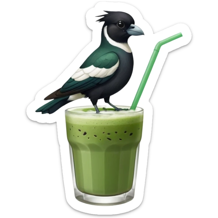It’s an Australien Magpie sitting on an iced matcha latte on the edge of the glass. It has green matcha on its beak indicating it drank. The iced matxha latte is in a see through glass and white from the oat milk on the bottom and green on top…and there is a straw in the drink and ice cubes sticker