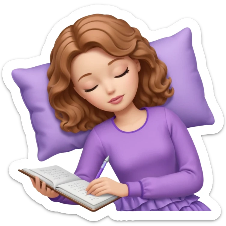 White Barbie girl Chestnut bob wavy hair sleeping with In lavender clothes, he writes in a notebook sticker