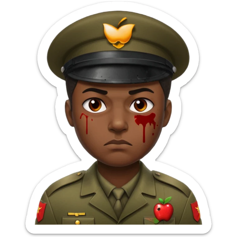 soldier with very dark melanated skin, scowling, blood splatter on left cheek, close-up face, Apple 2D emoji style sticker