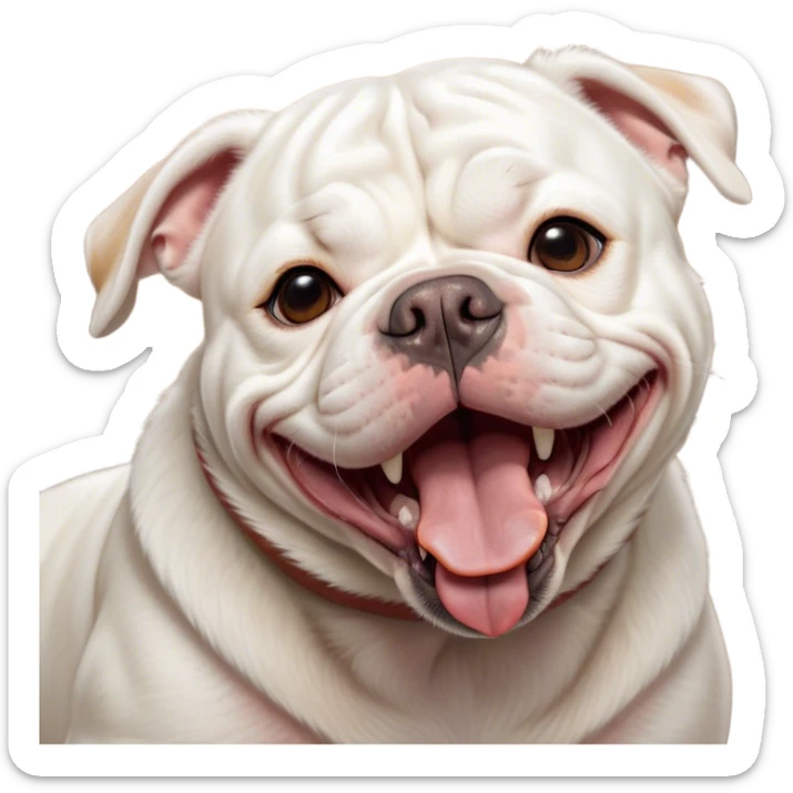 Cinematic Cute Yawning White American Bulldog Portrait Emoji, Head tilted slightly with a dramatic, wide-open yawn, short white fur with a velvety texture, floppy ears slightly drooping, round brown eyes barely open in drowsy contentment, Simplified yet irresistibly adorable features, highly detailed, glowing with a soft, cozy glow, high shine, relaxed yet expressive, stylized with a touch of whimsy, bright and endearing, soft glowing outline, capturing the essence of a sleepy yet affectionate pup, so drowsy it feels like it could stretch right out of the screen and curl up for a nap! sticker