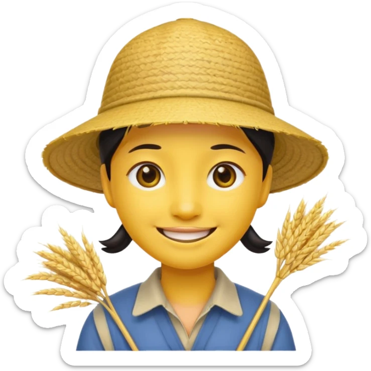 Yellow emoji smiley face with stereotypical Chinese facial features and rice farmer hat sticker